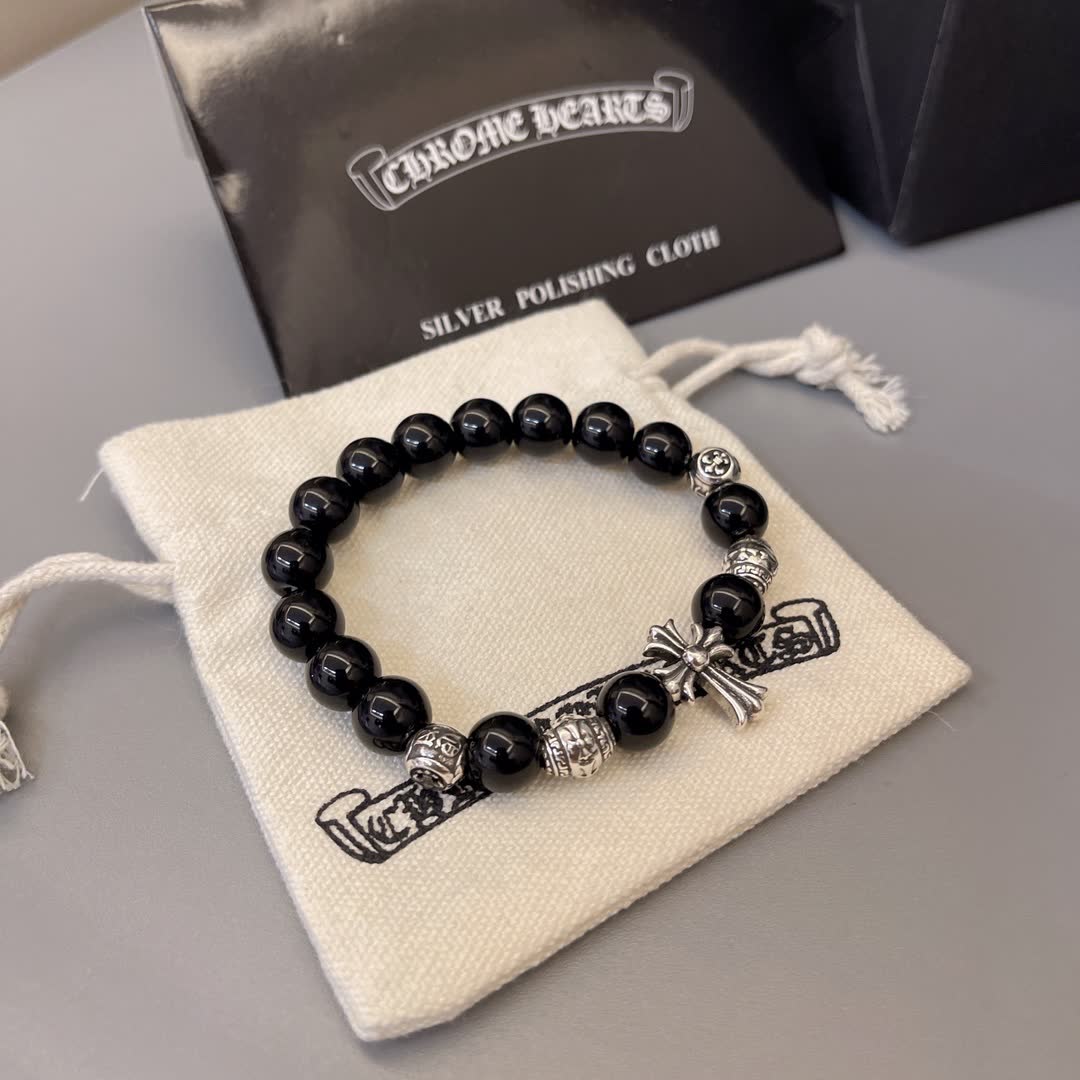 Chrome Hearts Black Bead Bracelet with Cross